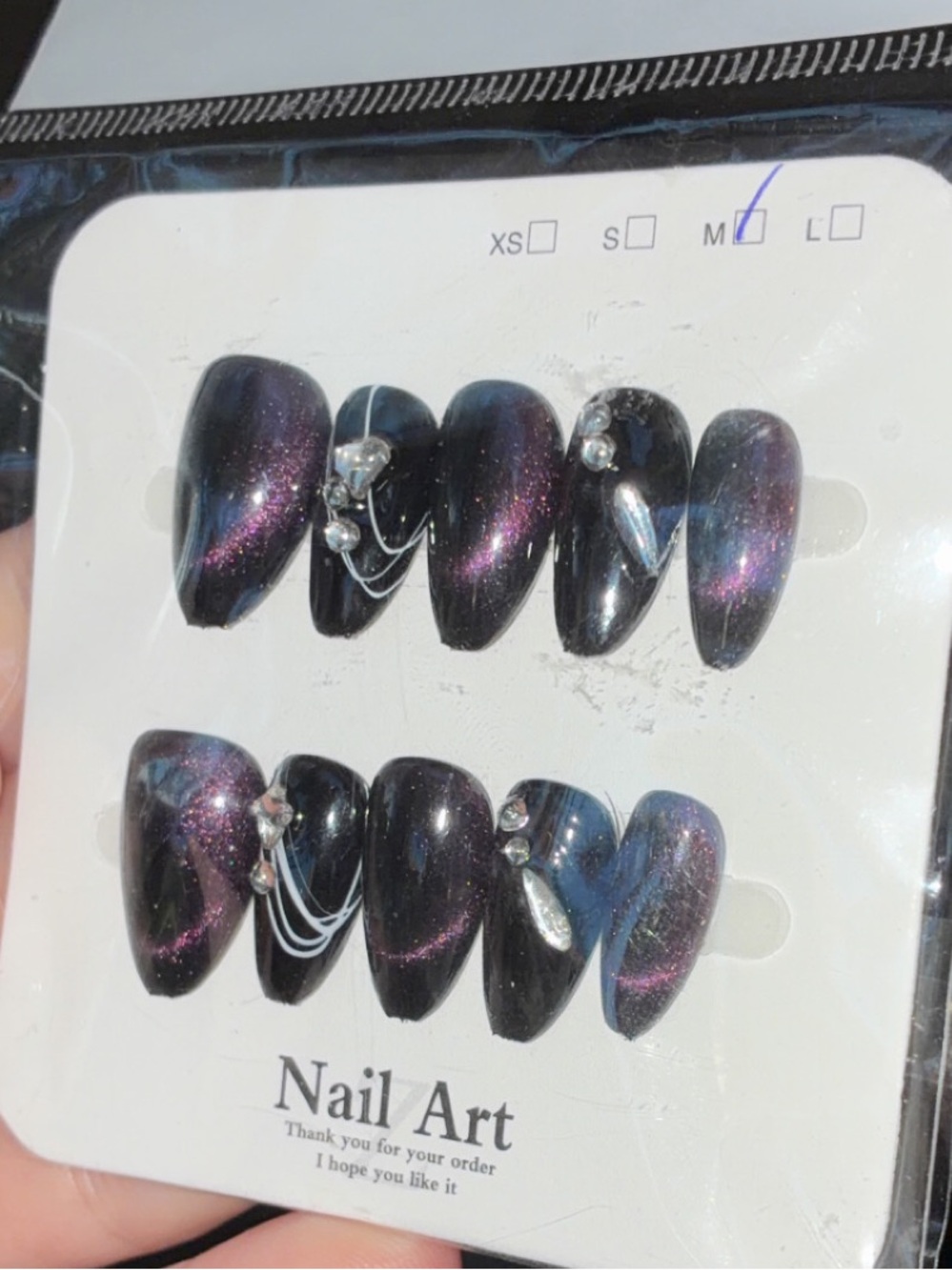 Dark Galaxy Cat Eye Press-On Nails | Handmade 3D Charm Set